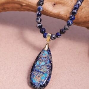 Blue Imperial Jasper Natural Stone Pendant Luxe Choker Necklace